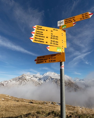 Verschiedene Wegweiser auf einem Wanderweg im Kanton Uri, im Hintergrund die atemberaubende Bergkulisse.